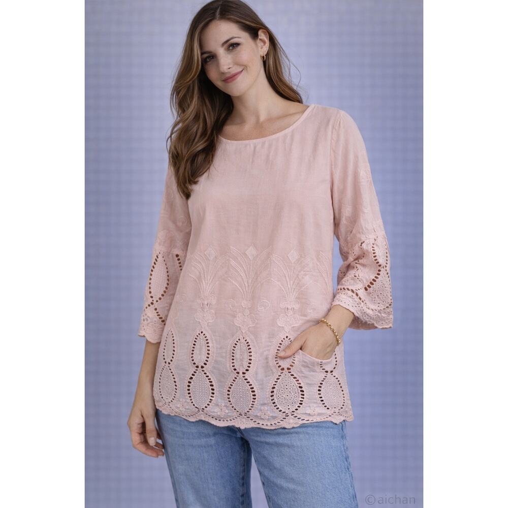 Alessa W Collection Pink Embroidered Cotton Blouse Eyelet 3/4 Sleeve US 12